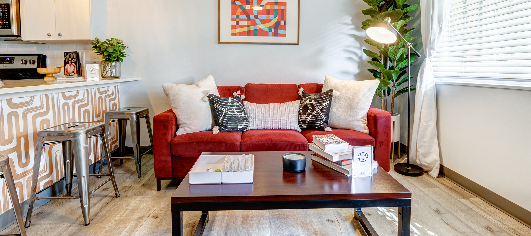 A living room with a coffee table