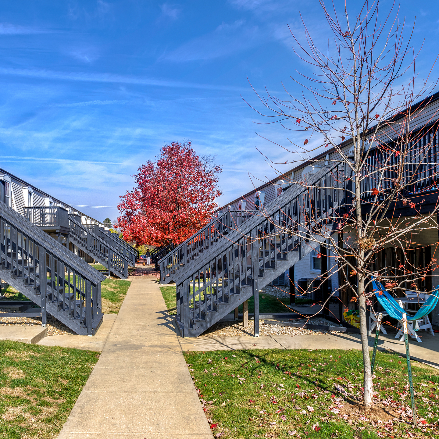 Outdoor staircases and a sidewalk