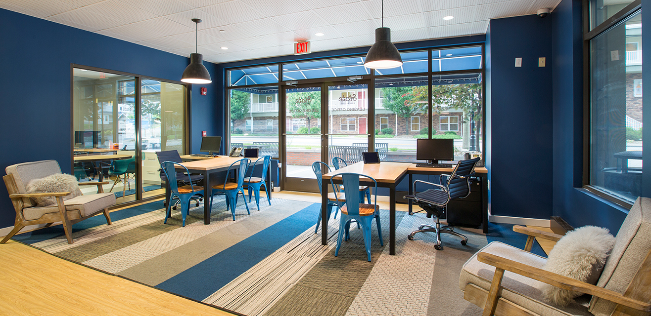 A study area with tables and computers