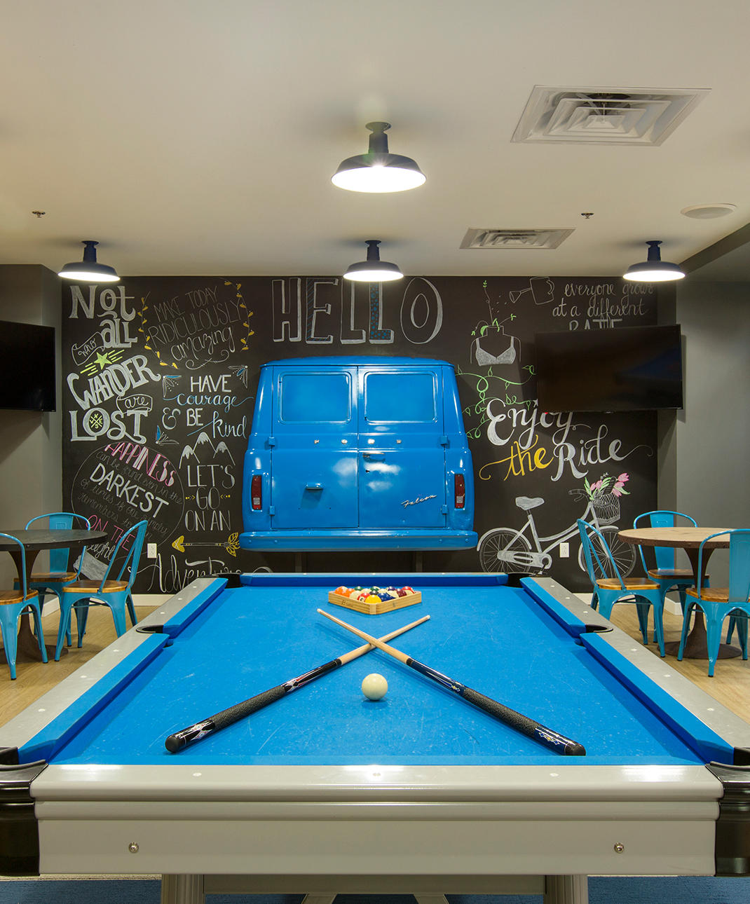 A pool table in a common area