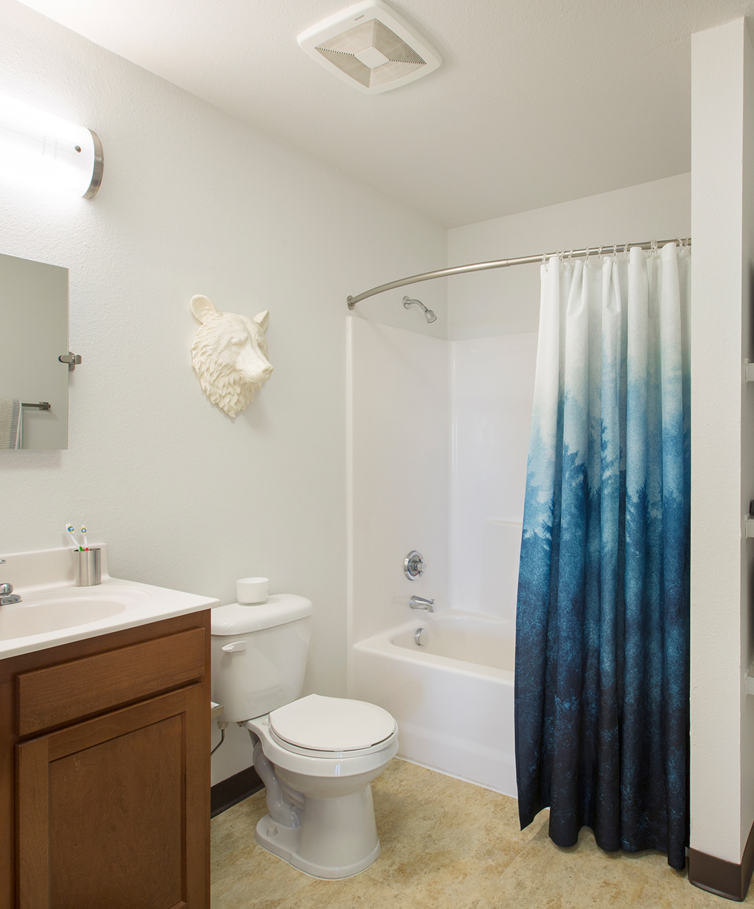 A bathroom with a shower