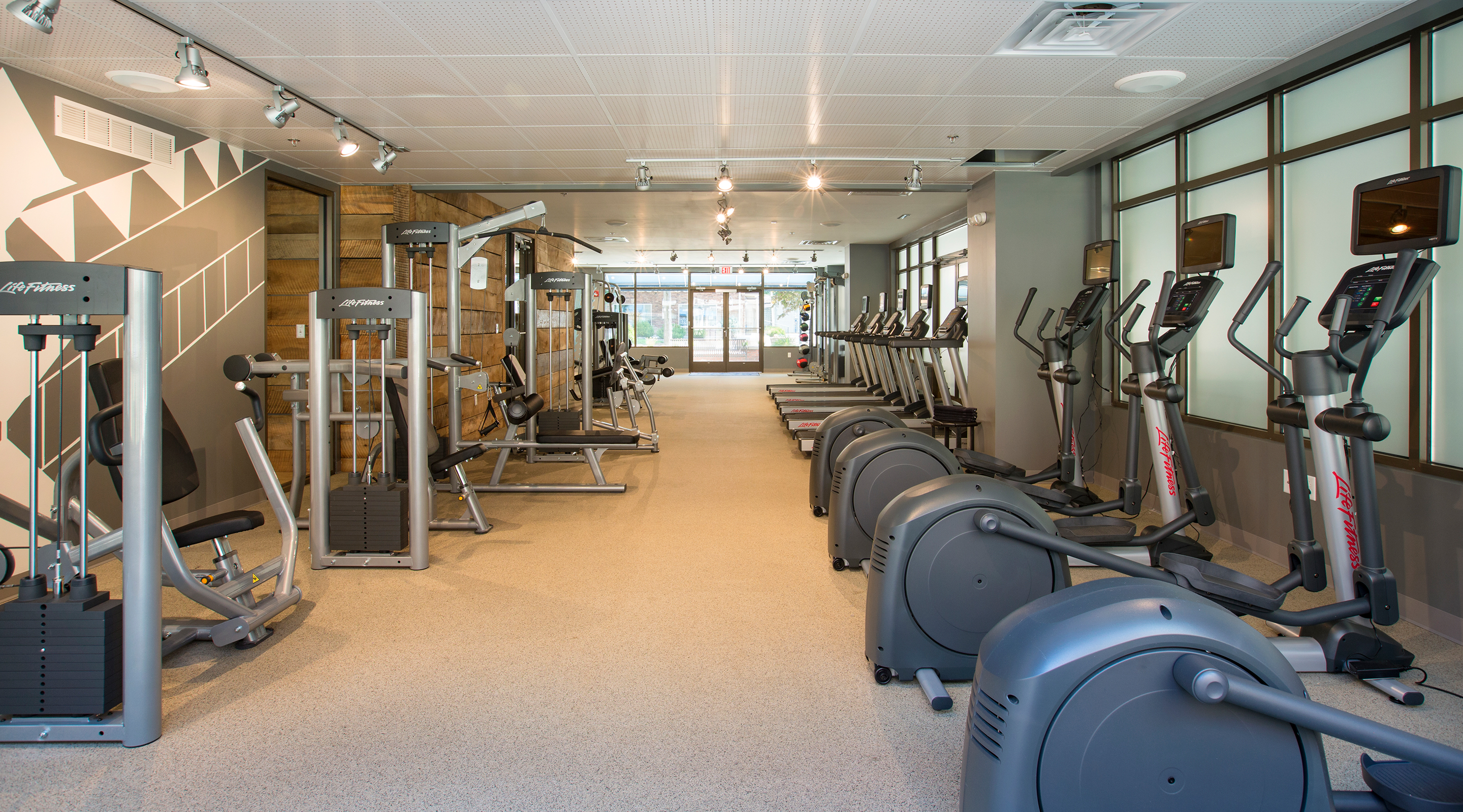 A fitness center with exercise equipment