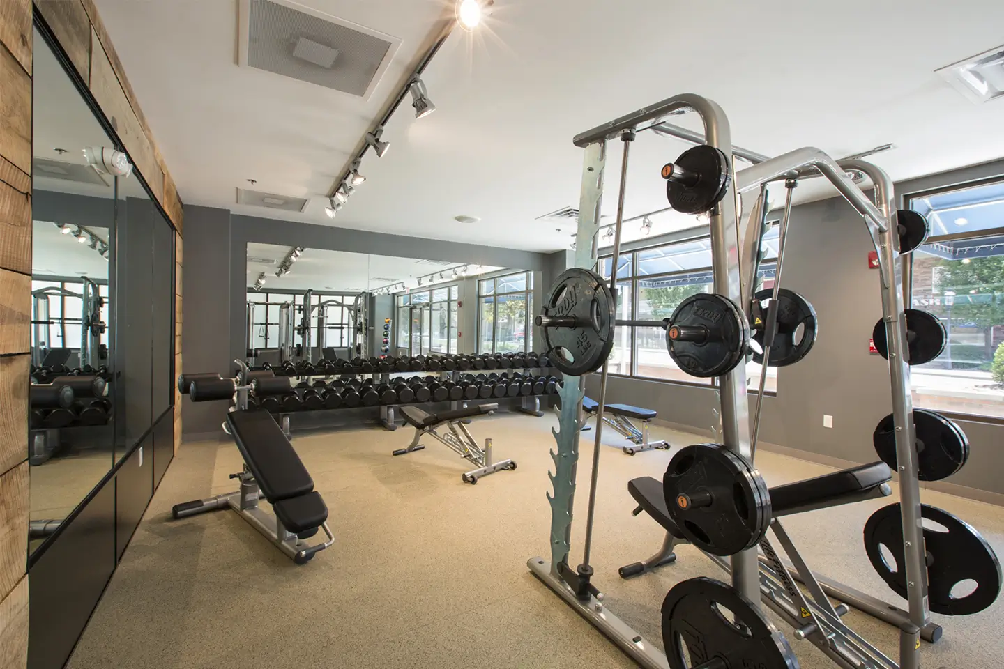 Free weights, benches and a smith machine at State on Campus Morgantown